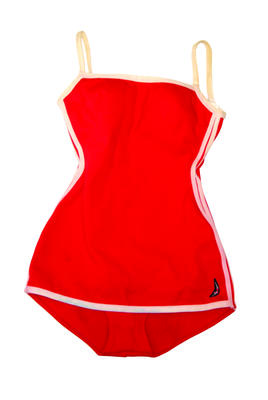 red bri-nylon with racing stripes down left and right side with diving lady embroidered on right hand side (lycra material)