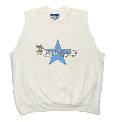 White cotton sleeveless with Mambo logo and blue star printed into middle front of top