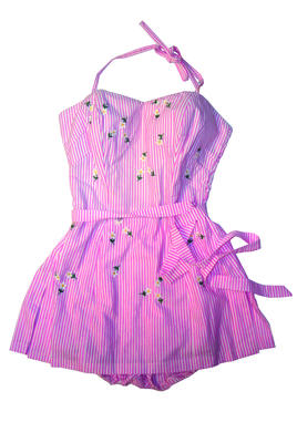 pink and white striped costume with a halter neck, back zipper, boning, back shiring, belt and overskirt. See 1065