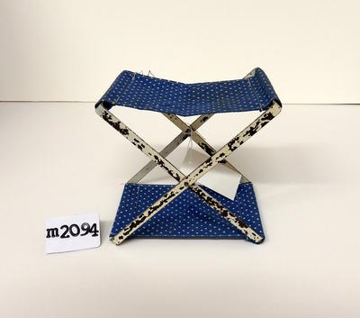 miniture fold out table in blue with white polka dots