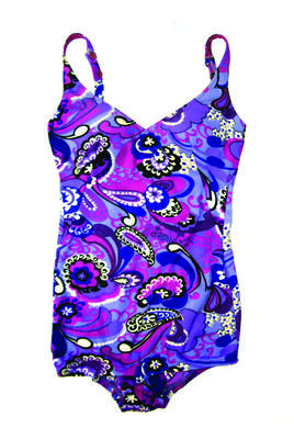 purple paisley design, psychedelic print. Stretch bri-nylon fabric size 36. With attached bra cups and front lining, low back and modesty skirt.