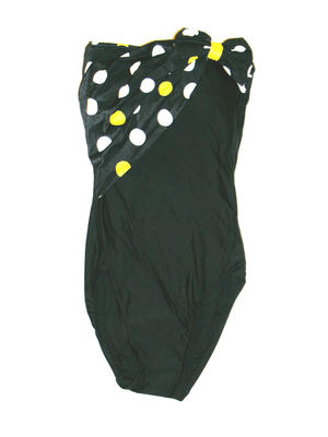 Strapless, black one piece with yellow & white polka dots tie over top, with bow