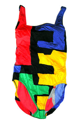 Cross over back. Blue, yellow, green, red & black, zig zag seams.