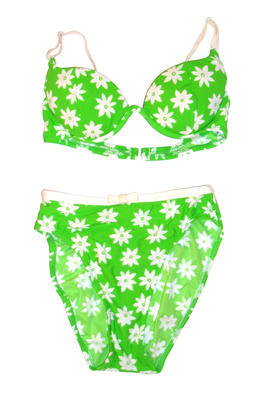 Green with white daisies, padded underwire bra, continuous across both cups, high cut legs.