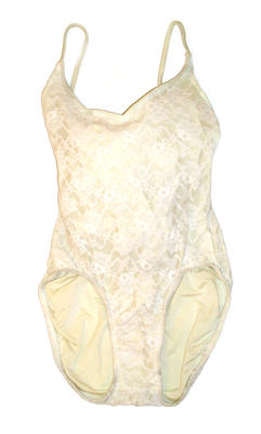 White lace, scoop back. V neck and cream lycra backing adjustable shoulder straps high cut legs.