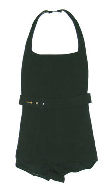 Black halter neck with front panel, plastic neck clip with elasticised buckled belt.