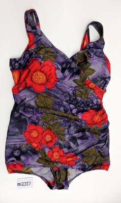 Purple nylon one piece with red flowers and crossover bust