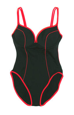 Black with red piping. Red shoulder straps. Underwire bra witth high cut leg. Red piping down front on both sides.