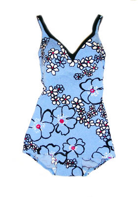 Bri Nylon one piece printed with floral pattern of pale blue, navy, white and pink with navy neck trim, stiffened bra cups and modesty skirt. Straps are adjustable with buttons.