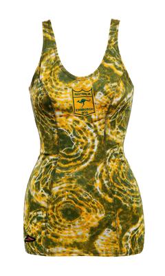 Nylon Speedo costume printed to look like batik in green and yellow. Princess line front has badge in centre with 'AUSTRALIA EDINBURGH 1970' and Kangaroo. Round neck, high V back, modesty skirt and Speedo logo Right side.