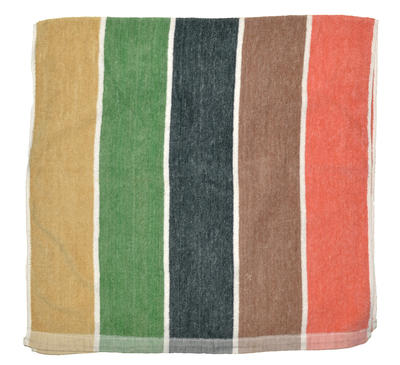 Towel with mustard, coral, teal, green and brown vertical stripes