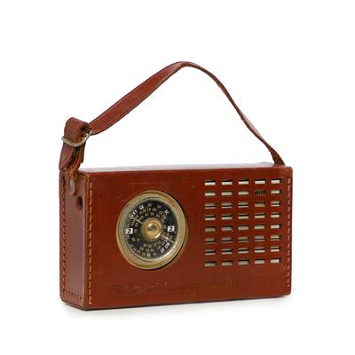 AWA Radiola transistor radio in brown leather case with carry strap