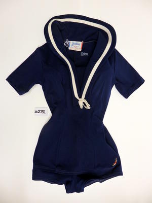 Navy blue heavy nylon with sailor collar and short sleeves