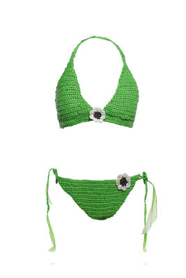 lime green bikini crocheted out of single use plastic bags as a political statement