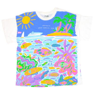 Cotton knit T-shirt printed with a vivid design by Ken Done of cruiser, sea & fish, clams & coral with inscription 'A