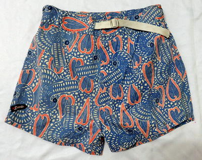 Blue, red & white bird pattern with tape belt and white jersey underpants with modesty panel