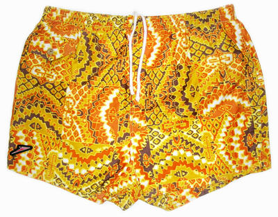 cotton, yellow/orange/brown printed geometric design, drawstring waist, coin pocket with silver button RHS, fitted nylon underwear, Speedo badge lower RHS, Size 33