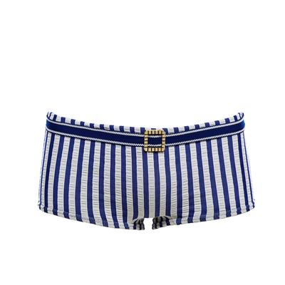 Nylon/polymid hipster trunks in blue and white vertical stripes gusset horizontal stripes nylon coin pocket RHS drawstring waist blue with white belt and gold square buckle fawn gusset front S16