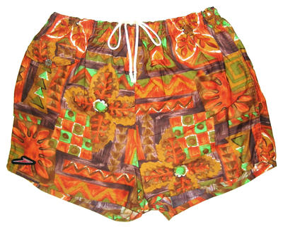 Orange/brown/green printed cotton, drawstring waist, Aertex cotton underwear attached, coin pocket front RHS, Speedo label lower RHS, "Speedo" label, Size 32