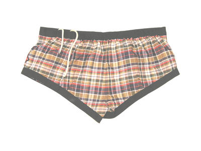 Tartan nylon trunks with black cotton binding (1in) wide around legs and waist white nylon lining and internal coin pocket at RHF in tartan elastic and drawstring back logo LHS machine sewn brief cut S34, hipsters