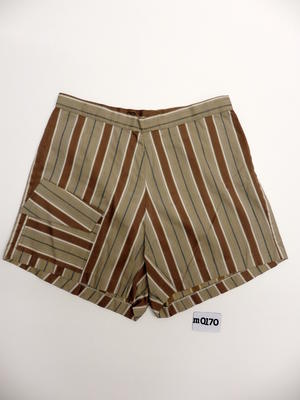 Biege, brown and black striped cotton trunks with zipper at the back, white button fastening waistband, flap pocket at RHS, front size W. Machine sewn