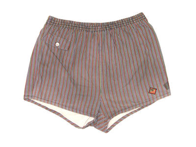 Cotton trunks in green blue white orange pinstripe coin pocket buttoned front RHS fully elasticised waist drawstring Ash logo lower LHS underwear sewn in S36