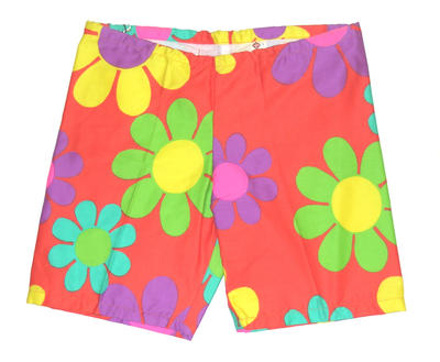 Cotton printed in daisy pattern large with orange background with green yellow purple aqua hot pink back patch pocket RHS with logo on lined with white cotton drawstring waist S small machine made, Bermuda Shorts