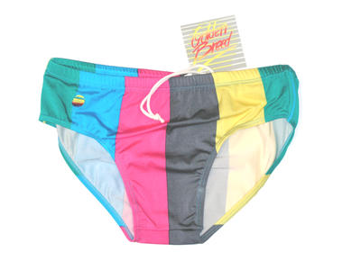 Nylon/lycra wide stripes in dark grey yellow pink green blue logo on RHF elastic legs and waist drawstring 'S86' machine made white crotch lining nylon. Style 335-12