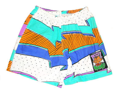 Cotton with large abstract design in aqua orange mauve black/blue drawstring waist pocket LHS seam logos back and LHF machine made S36-91cm