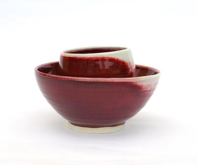 set of 2 bowls - red glaze with white on small bowl - Blood from a Stone XX