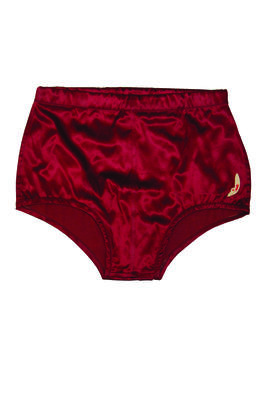 Maroon stretch satin trunks with drawstring and elasticised waist, centre welt seam at front, 'Jantzen' logo LHS, white fly lining, high cut 26cm sides, size 36. Machine sewn