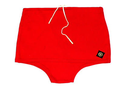 Red nylon knit, (non shiny) cord waist logo on LHF panel across front machine sewn S30