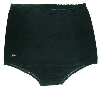 Black, bri-nylon, with cord and elastic waist. Skirt front, logo RHF, machine sewn. "Speedo" Size 40