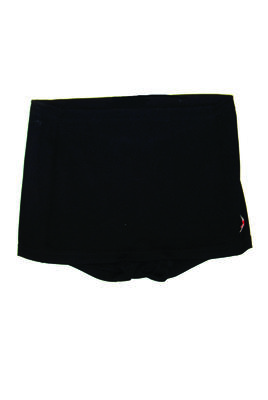 Black 'Helanca Yarn' trunks with draw-string waist, logo LHS, front skirt, 'Jantzen' label, high cut sides 32cm, size 38. Machine sewn