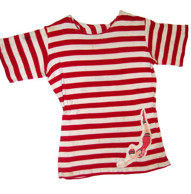 Red and white thick horizontal stripes, double knit long cotton top & trunks to the knee, cord waist, large Jantzen logo LLHS of garment