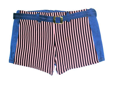 Nylon blue back with red white and blue striped front drawstring plus belt with buckle size 36