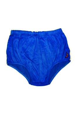 Blue trunks, elasticised and drawstring waist, gathered at waist and legs, white 'piping' down each side, 'Jantzen' label, logo attached left side, size 38