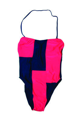 Halter neck and back 'keyhole' fastening blue with watermelon pink panels on the front size 10 nylon, X-rated splicer range