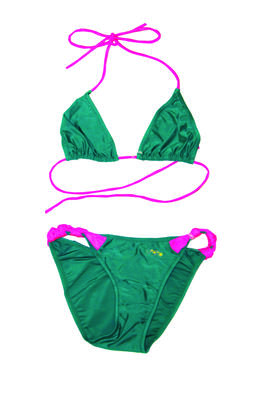 Bottle green with fluorescent pink ties halter neck and sides nylon size 10 top - triangle shape bottom knotted effect at the sides, X-rated Brazilian range