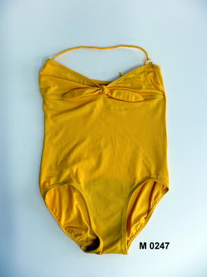 Yellow nylon halter neck with tie at the front and high cut back.