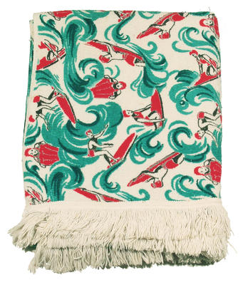 1940s beach towel Avis Higgs design (renowned New Zealand designer) white cotton terry towelling with printed surfing design of girl in red riding green waves. Fringed at the ends