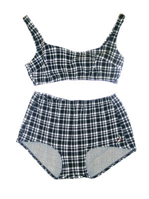 Blue and white plaid knitted acrylic i top and hipster briefs, Jantzen logo featured at LHS of bikini bottoms, machine sewn S34, (lining appears to have been cut out and removed from bikini top?)