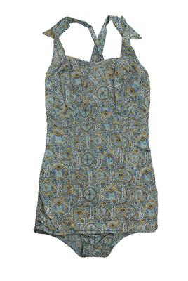 Oriental design printed cotton green yellow and blue shirred back lined front shoulder straps buttoned with blue buttons lap front S46