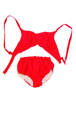 Red cotton bikini top slightly padded with underwire fastened by hook at back and buttoned straps Miss Duncan label RHS bottom lined in white bloomer shape machine sewn size32