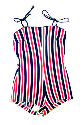 Nylon one piece red white and blue striped with shaped cups fastened with straps tying over the shoulder label inside front Iris & Hazel machine sewn size 34; A very good quality swimsuit