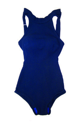 Blue corded bri-nylon cutaway armholes banded high neck backless full bra insert S38; Fastens with a hook at back neck