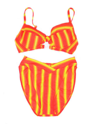 Orange + yellow striped fabric with underwired, padded bra fastening with plastic clip at centreback. Adjustable straps. Pants have V front panel + high cut legs