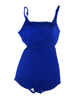 Nylon electric blue streamline fit button straps machine sewn plastic mesh bra cups.