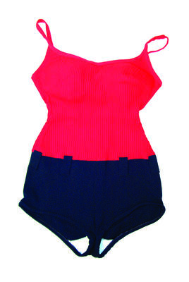 Bri-nylon red and blue ribbed red top half navy blue bottom half with belt holders scoop back lace inset cups machine sewn size 38