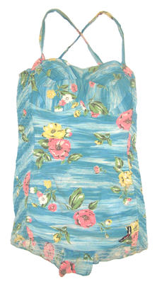 Cotton blues pink yellow and green floral design gathered on bust cross over straps with buttons, shirred back lined machine made size 38, logo 4 LHS lower front.